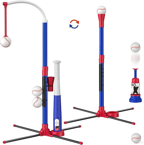 3-in-1 Baseball Set for Kids Ages 3-5 – Tee Ball Stand, Hanging Tee, Ball Launcher, and 6 Softballs, Adjustable Height for Indoor/Outdoor Play, Perfect Sport Gift for Boys (Blue)