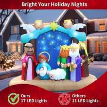 Inflatable Christmas Nativity Scene with 17 LED Lights, Copper String Lights, Air Blower, Stakes, Ropes, and Water Bags – 7ft Long, 5.6ft High, Durable 210T Polyester Fabric for Holiday Outdoor Decoration.