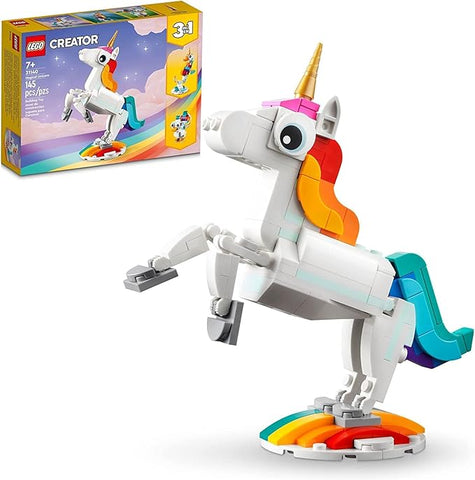 LEGO Creator 3-in-1 Magical Unicorn Toy Set – Transforms from Unicorn to Seahorse to Peacock, Rainbow Animal Figures, Buildable Toy Gift for Kids Ages 7+, Set 31140.