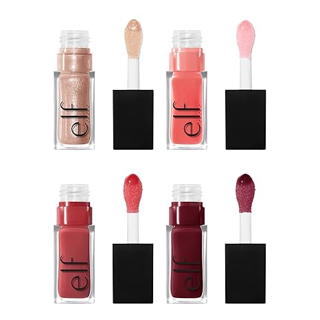 e.l.f. Glow Reviver Quad Goals Lip Oil Kit, Non-Sticky Lip Glosses for High-Gloss & Sheer Color, Vegan & Cruelty-Free, Set of 4