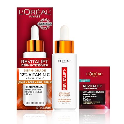 L'Oreal Paris Revitalift 12% Pure Vitamin C Serum - Vitamin E & Salicylic Acid, Brightening, 1 oz + Moisturizer Sample