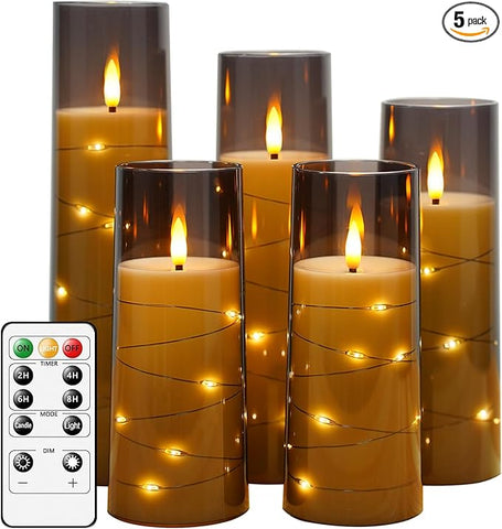 Flameless LED Candles with Timer, 5-Piece Flickering Battery-Operated Candles, Romantic Ambiance & Home Decor, Stable Acrylic Shell with Embedded Star String (Grey)