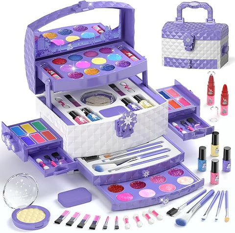 PERRYHOME Frozen Princess Kids Makeup Set: 56-Piece Washable, Non-Toxic Cosmetic Kit for Girls, Perfect for Dress-Up, Christmas, & Birthday Gifts (Frozen Purple).