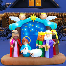 Inflatable Christmas Nativity Scene with 17 LED Lights, Copper String Lights, Air Blower, Stakes, Ropes, and Water Bags – 7ft Long, 5.6ft High, Durable 210T Polyester Fabric for Holiday Outdoor Decoration.