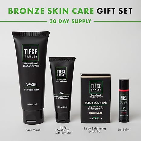 Tiege Hanley Men's Skincare Gift Set, Bronze – Includes Face Wash, SPF 20 Moisturizing Facial Lotion, Exfoliating Body Scrub Bar, and Moisturizing Lip Balm