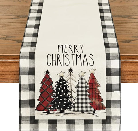 Artoid Mode Watercolor Buffalo Plaid Christmas Tree Table Runner, Merry Xmas Holiday Winter Decoration for Dining, Kitchen, Indoor & Outdoor Parties – 13 x 72 Inches