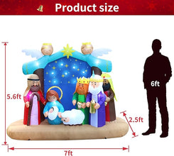 Inflatable Christmas Nativity Scene with 17 LED Lights, Copper String Lights, Air Blower, Stakes, Ropes, and Water Bags – 7ft Long, 5.6ft High, Durable 210T Polyester Fabric for Holiday Outdoor Decoration.