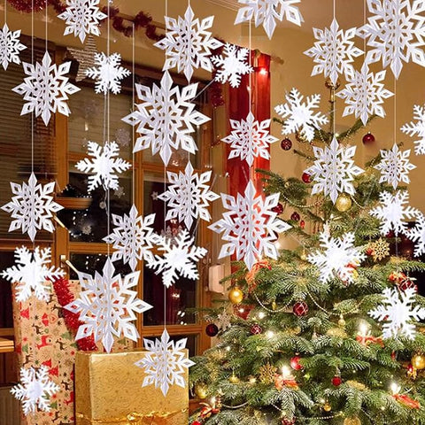 OuMuaMua Winter Christmas Snowflake Decorations – 12PCS Hanging Snowflake Garlands & 12PCS 3D Glitter White Snowflakes for Winter Wonderland, Holiday, New Year, and Home Party Decor