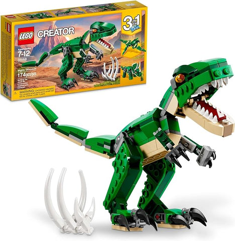 LEGO Creator 3-in-1 Mighty Dinosaur Toy – Build and Transform from T. rex to Triceratops to Pterodactyl, Perfect Gift for Kids Ages 7-12, Set 31058.