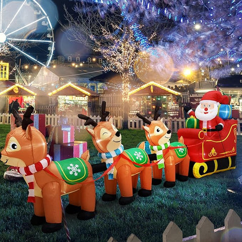 EAONE 12 Ft Christmas Inflatable Santa Sleigh with Reindeer – Giant LED-Lit Yard Decoration for Indoor and Outdoor Holiday Decor