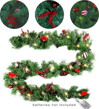 MorTime 9 FT LED Christmas Garland with Pinecones, Red Berries, Bows, and Candies – Multi-Function Garland with 50 Warm White LED Lights and 180 Branch Tips