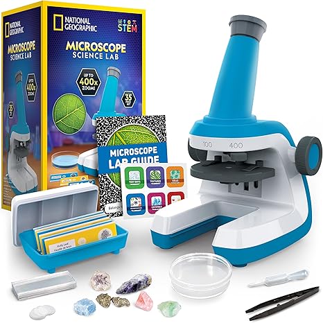 National Geographic Kids Microscope – Science Kit with 400x Zoom, Blank and Prepared Slides, Easy-to-Use Microscope for Ages 6-10, STEM Toy, Exclusive to Amazon