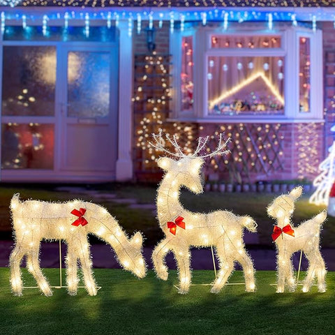 Set of 3 Lighted Reindeer Christmas Decorations – 120 LED Warm White Lights for Outdoor Xmas Decor, Front Door, Backyard, Patio, and Indoor Holiday Displays