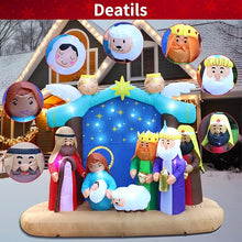 Inflatable Christmas Nativity Scene with 17 LED Lights, Copper String Lights, Air Blower, Stakes, Ropes, and Water Bags – 7ft Long, 5.6ft High, Durable 210T Polyester Fabric for Holiday Outdoor Decoration.