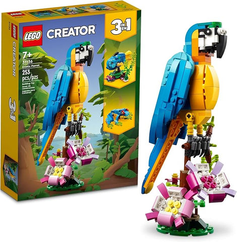 LEGO Creator 3-in-1 Exotic Parrot Set – Build Colorful Parrot, Swimming Fish, or Adorable Frog – Creative Animal Building Toy for Kids 7+, 31136