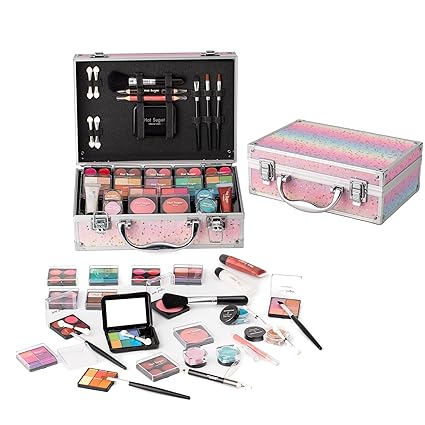 Hot Sugar Makeup Kit for Teen Girls: Complete Starter Set with Eyeshadow, Lip Balm, Blush, Lip Gloss, Brushes, Pencils, and Mirror (Rainbow).