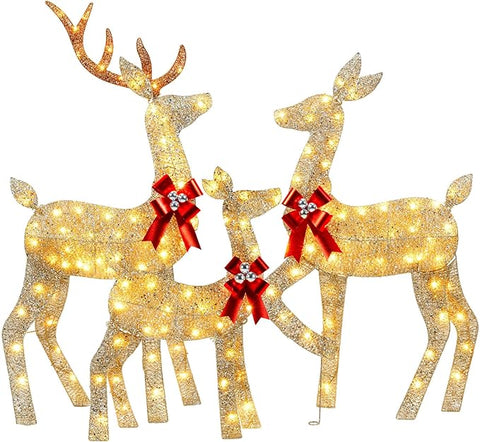 YULETIME 3-Piece Pre-Lit Glitter Christmas Reindeer Family Decoration with Warm White LED Lights, 2D Holiday Décor Set