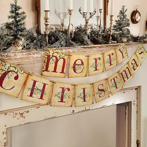 Vintage Merry Christmas Banner – Retro Victorian Christmas Holiday Décor for Indoor Home, Office, Fireplace Mantle, and Farmhouse Decor.