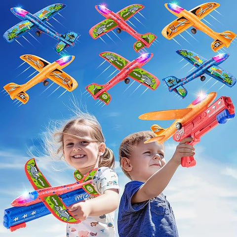 Bigdream 6-Pack LED Airplane Launcher Set, Includes 2 Launchers, 2 Flight Mode Glider Planes with Stickers, Flying Outdoor Toys for Kids Ages 3-12, Great Birthday Gift for Boys & Girls