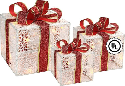 Top Treasures 3-Piece Lighted Gift Boxes – Pre-Lit Christmas Decorations with Ribbons, 8-Inch for Indoor/Outdoor Holiday Decor