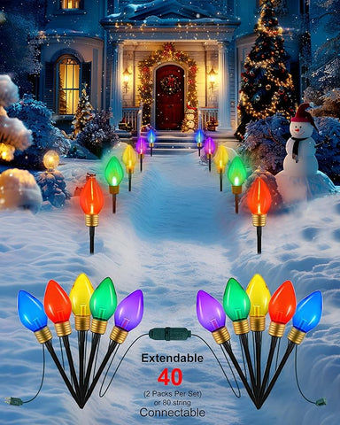 10-Lights Jumbo C9 Pathway Christmas Lights Outdoor, 11Ft 2-Pack 5-LED Giant Bulbs, Large Multicolor Outdoor Christmas Decorations for Holiday Lawn, Yard, and Garden