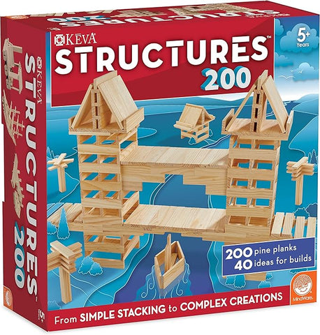 KEVA Structures 200-Piece Wooden Building Planks Set – Includes 200 Blocks and Idea Book – STEM Toy for Kids Ages 5+